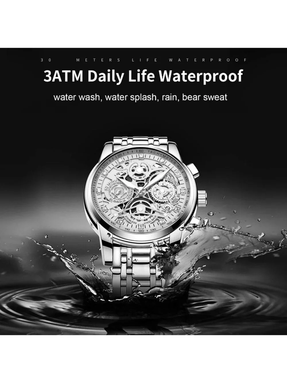 Mens All Silver Stainless Steel Analog Chronograph 3ATM Waterproof Luxury Watch